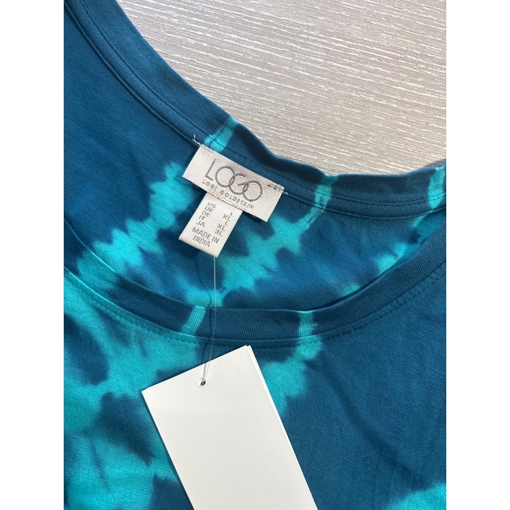 NWT LOGO Lori Goldstein L Tie Dye Tunic Top Blue Teal Ruffle Hem Pockets - Picture 3 of 7
